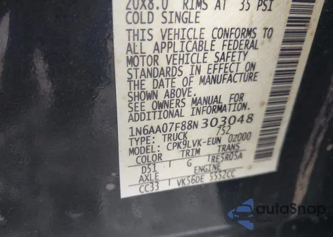 2008 Nissan Titan Le z USA, uszkodzony, nr VIN 1N6AA07F88N303048